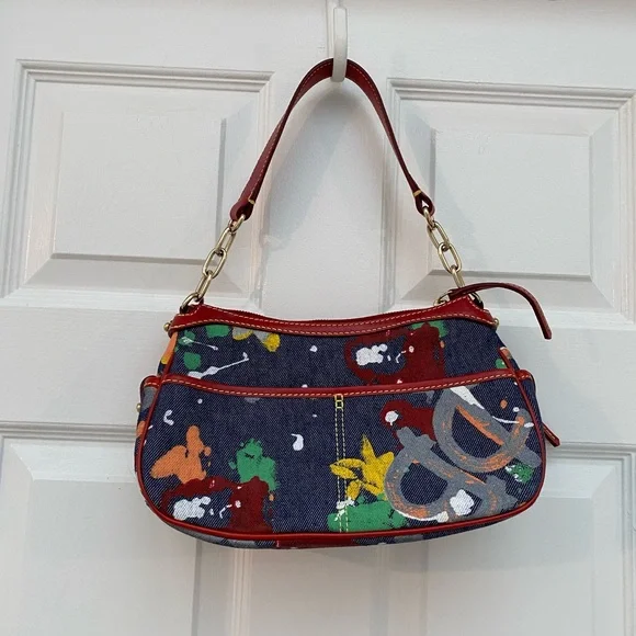 Vintage Dooney & Bourke RARE Red Paint-splash Small Banana Baguette Bag NWOT - Picture 5 of 16